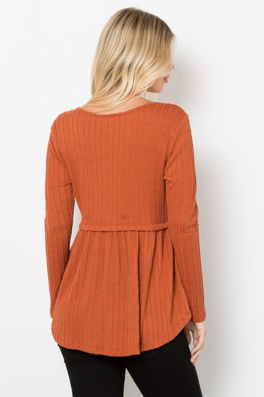 Be Stage Full Size Texture Babydoll Round Neck Long Sleeve Knit Top Tops/Jackets/Sweaters BE Stage Clothing Tops Ship from USA TikTok Trendsi USPS Walmart Trendsi https://www.cyberehub.com