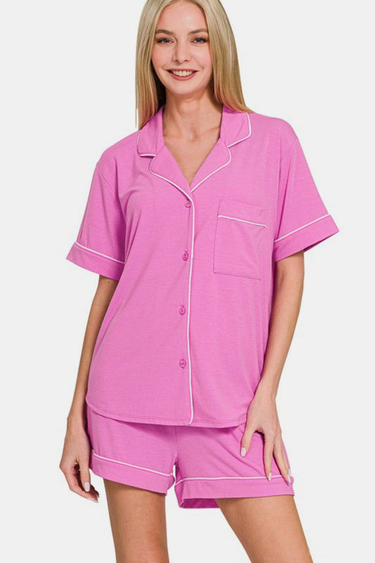 Zenana Button Down Short Sleeve Top and Shorts Lounge Set BRIGHT MAUVE Apparel Apparel Ship from USA TikTok Trendsi Zenana Trendsi https://www.cyberehub.com