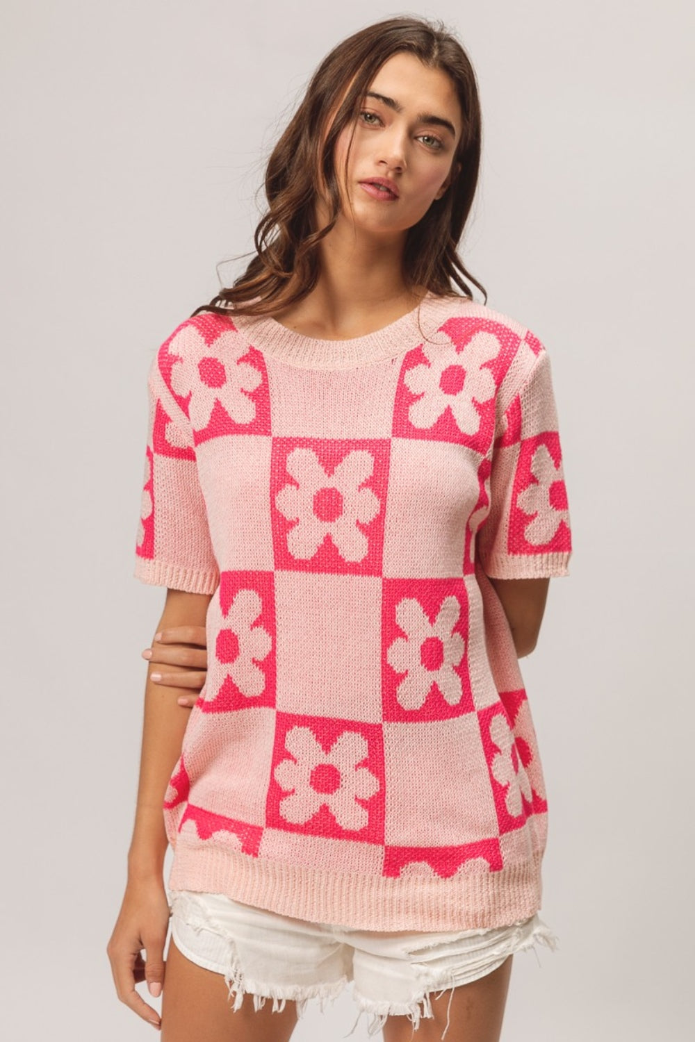 BiBi Flower Checker Pattern Short Sleeve Sweater Shirt Apparel BiBi Clothing Tops Ship from USA Shirts USA Women Trendsi https://www.cyberehub.com