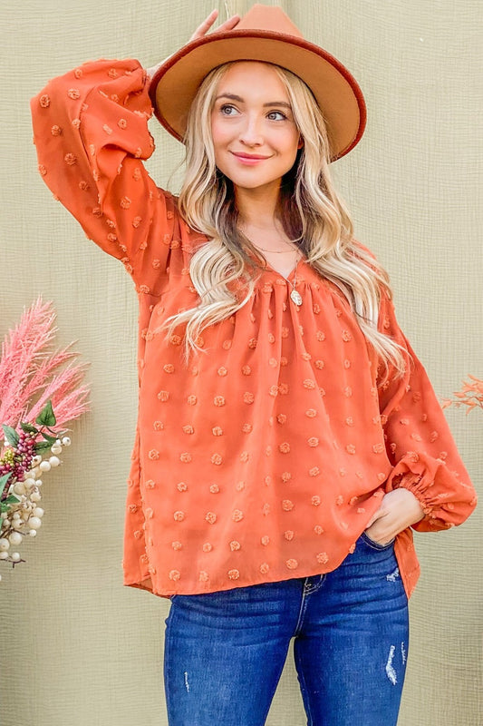 And The Why Swiss Dot V Neck Balloon Sleeve Woven Blouse Rust Tops/Jackets/Sweaters And The Why Clothing Tops Ship from USA TikTok Trendsi USPS Walmart Trendsi https://www.cyberehub.com