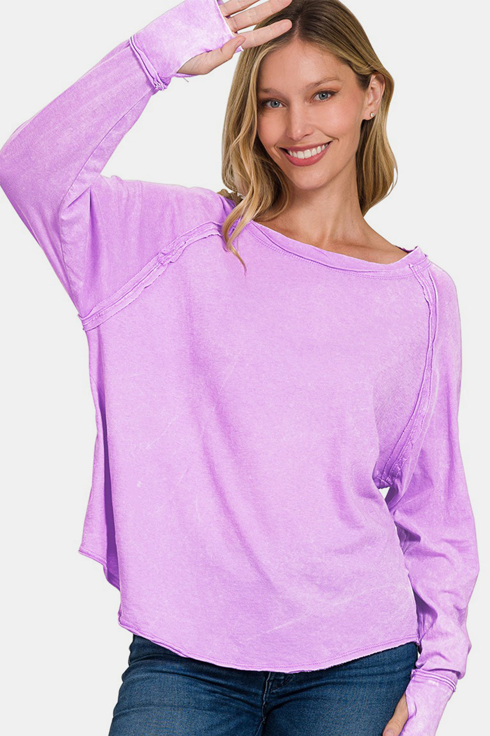 Zenana Round Neck Thumbhole Long Sleeve T-Shirt Lavender Apparel/Tops Ship from USA TikTok Tops Trendsi USPS Walmart Walmart Apparel Zenana Trendsi https://www.cyberehub.com
