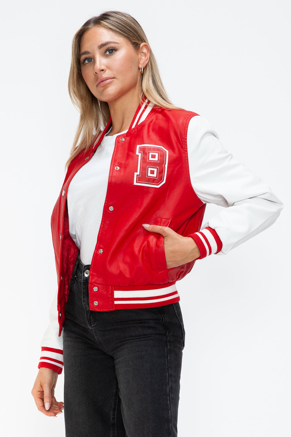 Love Me Now PU Leather Contrast Snap Down Bomber Jacket Tops/Jackets/Sweaters Clothing Tops Love Me Now Ship from USA TikTok Trendsi USPS Walmart Trendsi https://www.cyberehub.com