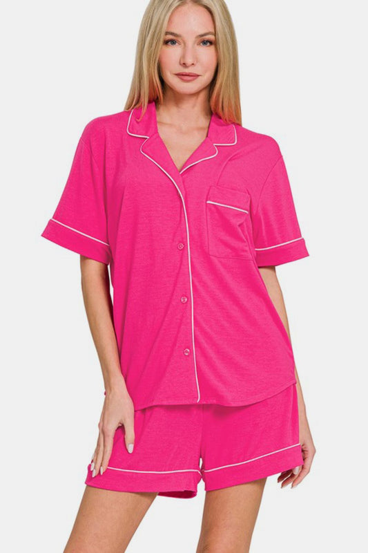Zenana Button Down Short Sleeve Top and Shorts Lounge Set Hot Pink Apparel Apparel Ship from USA TikTok Trendsi Zenana Trendsi https://www.cyberehub.com