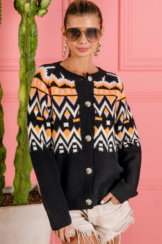 BiBi Ethnic Pattern Button Up Knit Cardigan Black Multi Shirt Apparel BiBi Clothing Tops Ship from USA Shirts USA Women Trendsi https://www.cyberehub.com