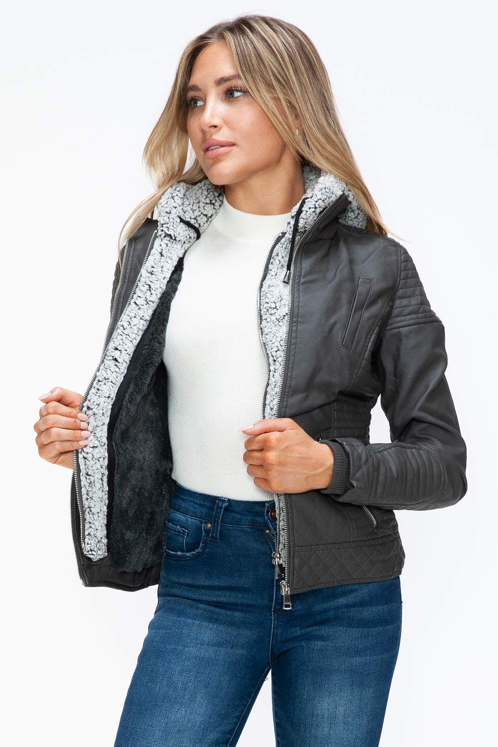 YMI Faux Layered Double-Zipper Jacket with Fuzzy Hood Tops/Jackets/Sweaters Clothing Tops Ship from USA TikTok Trendsi USPS Walmart YMI outerwear Trendsi https://www.cyberehub.com