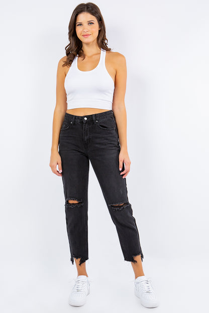 American Bazi High Waist Distressed Cropped Straight Jeans Bottoms American Bazi Bottoms Clothing Pants Ship from USA Women Trendsi https://www.cyberehub.com