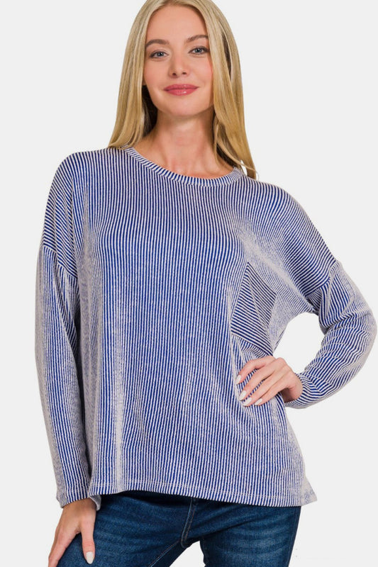 Zenana Ribbed Striped Long Sleeve T-Shirt Bright Blue Tops/Jackets/Sweaters Clothing Tops Ship from USA TikTok Trendsi USPS Walmart Zenana Trendsi https://www.cyberehub.com