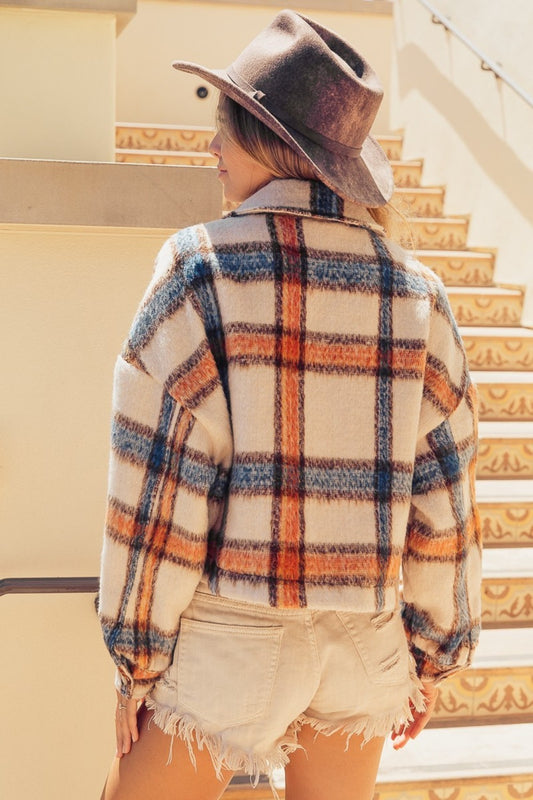 BiBi Brushed Plaid Crop Jacket with Pockets Tops/Jackets/Sweaters BiBi Clothing Tops Ship from USA TikTok Trendsi USPS Walmart Trendsi https://www.cyberehub.com