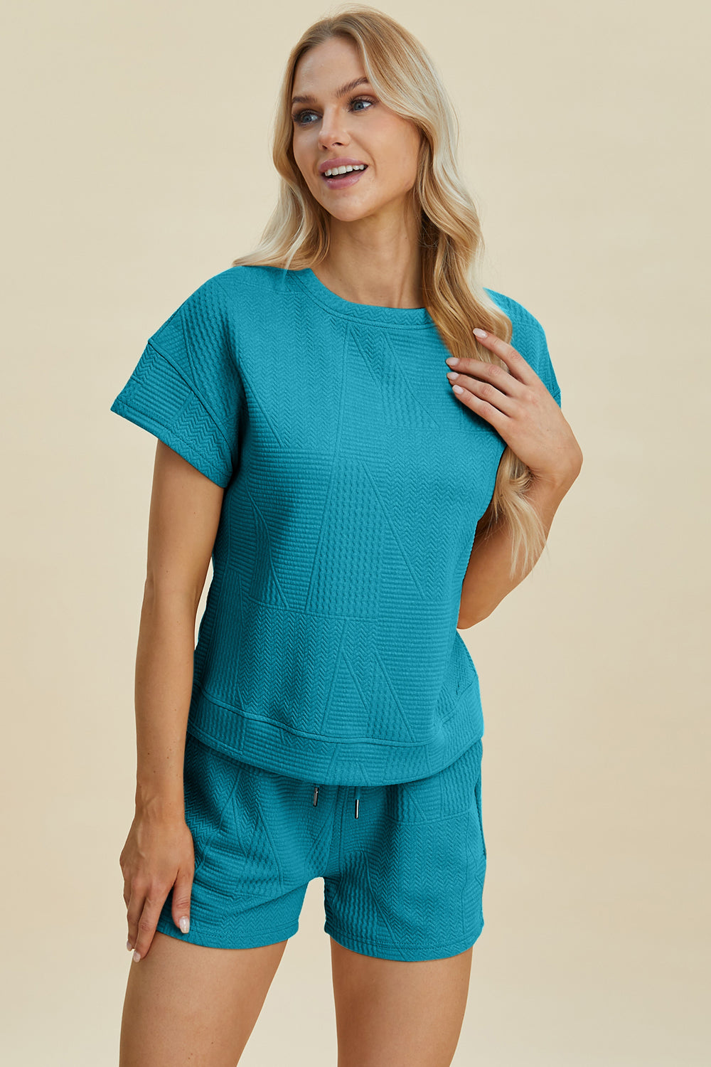 Double Take Full Size Texture Short Sleeve Top and Shorts Set Tops/Jackets/Sweaters Clothing Tops Double Take Outlets 2.20-3.30 Ship from USA TikTok Trendsi USPS Walmart Trendsi https://www.cyberehub.com