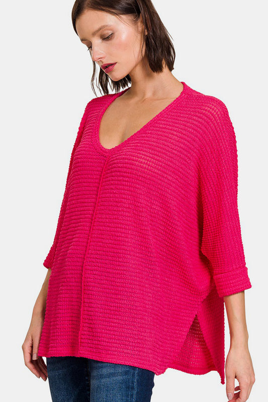 Zenana V-Neck High-Low Jacquard Knit Top Viva Magenta Shirt Apparel Clothing Tops Ship from USA Shirts USA Women Zenana Trendsi https://www.cyberehub.com