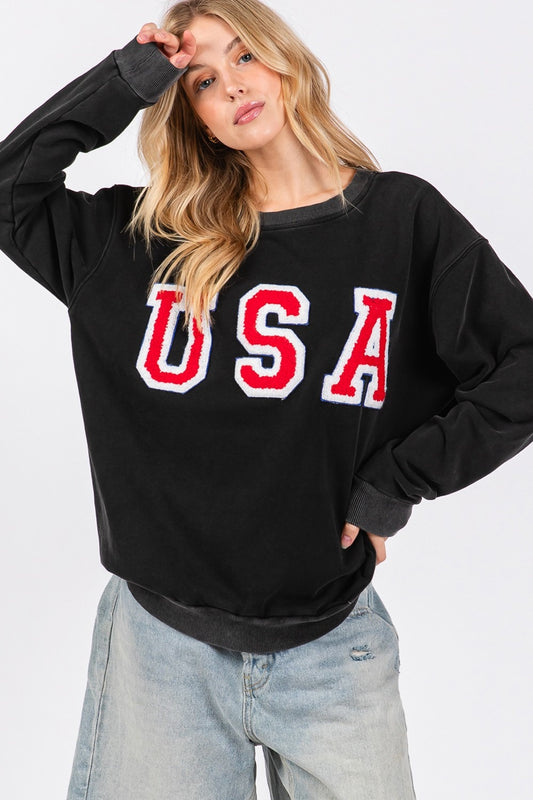 SAGE + FIG USA Letter Patch Round Neck Sweatshirt Black Apparel/Tops SAGE+FIG Ship from USA TikTok Tops Trendsi USPS Walmart Walmart Apparel Trendsi https://www.cyberehub.com