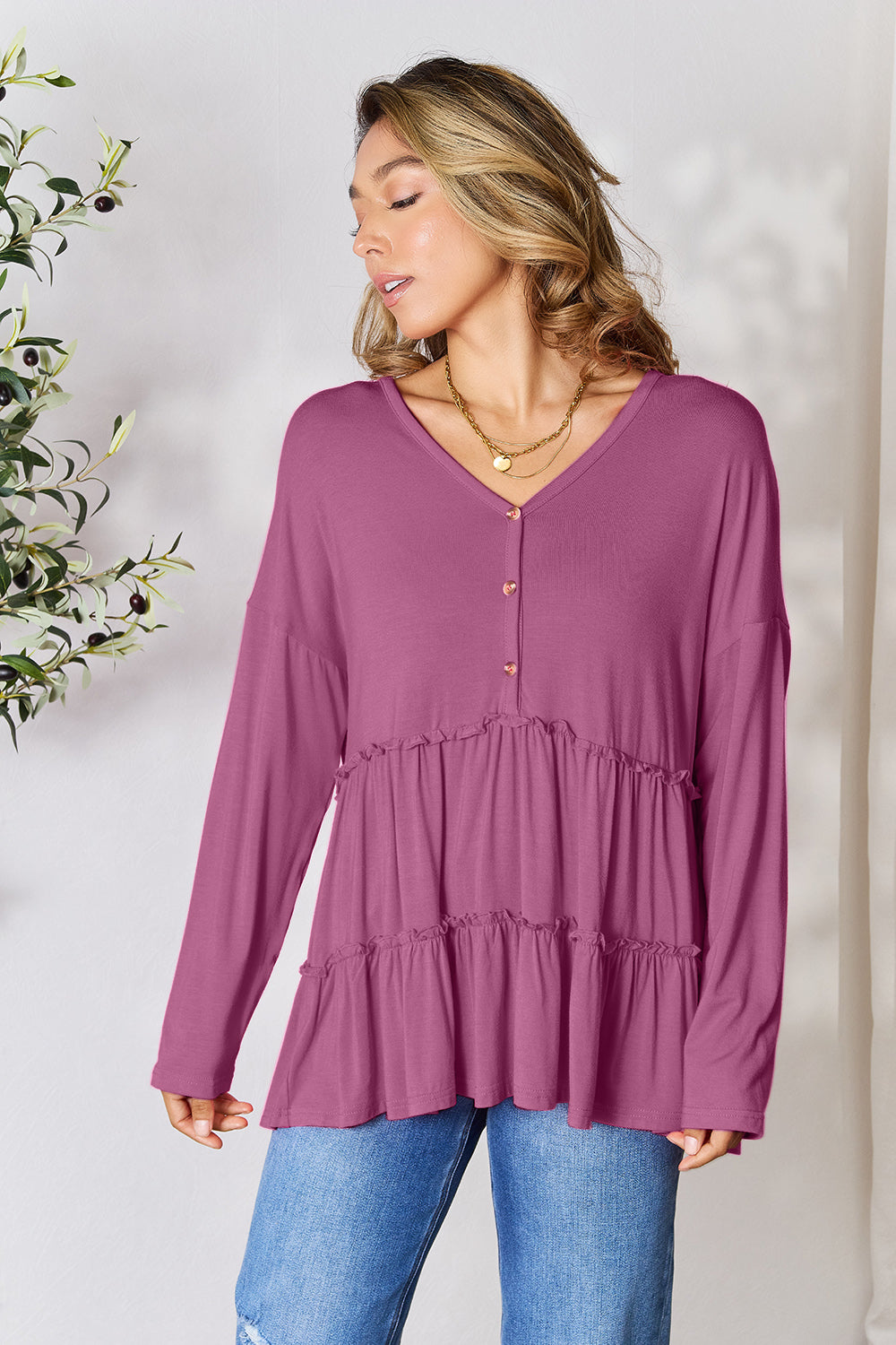 Double Take Half Button Long Sleeve Ruffle Hem Blouse Apparel/Tops Double Take Ship from USA TikTok Tops Trendsi USPS Walmart Walmart Apparel Trendsi https://www.cyberehub.com
