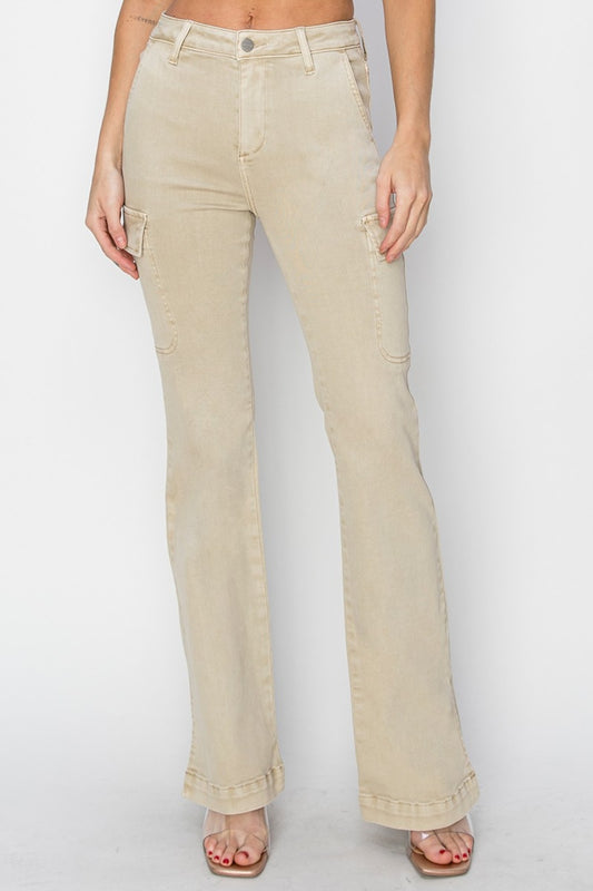 RISEN Full Size High Rise Side Slit Cargo Bootcut Jeans Stone Bottoms Bottoms Clothing Pants RISEN Ship from USA Women Trendsi https://www.cyberehub.com