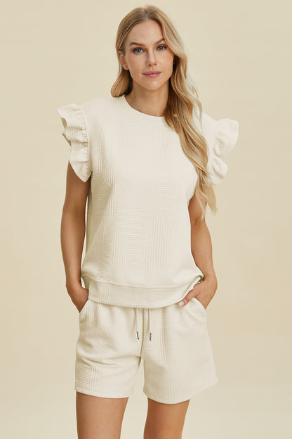 Double Take Full Size Texture Round Neck Ruffle Sleeve Top and Shorts Set Cream Tops/Jackets/Sweaters Clothing Tops Double Take Ship from USA TikTok Trendsi USPS Walmart Trendsi https://www.cyberehub.com