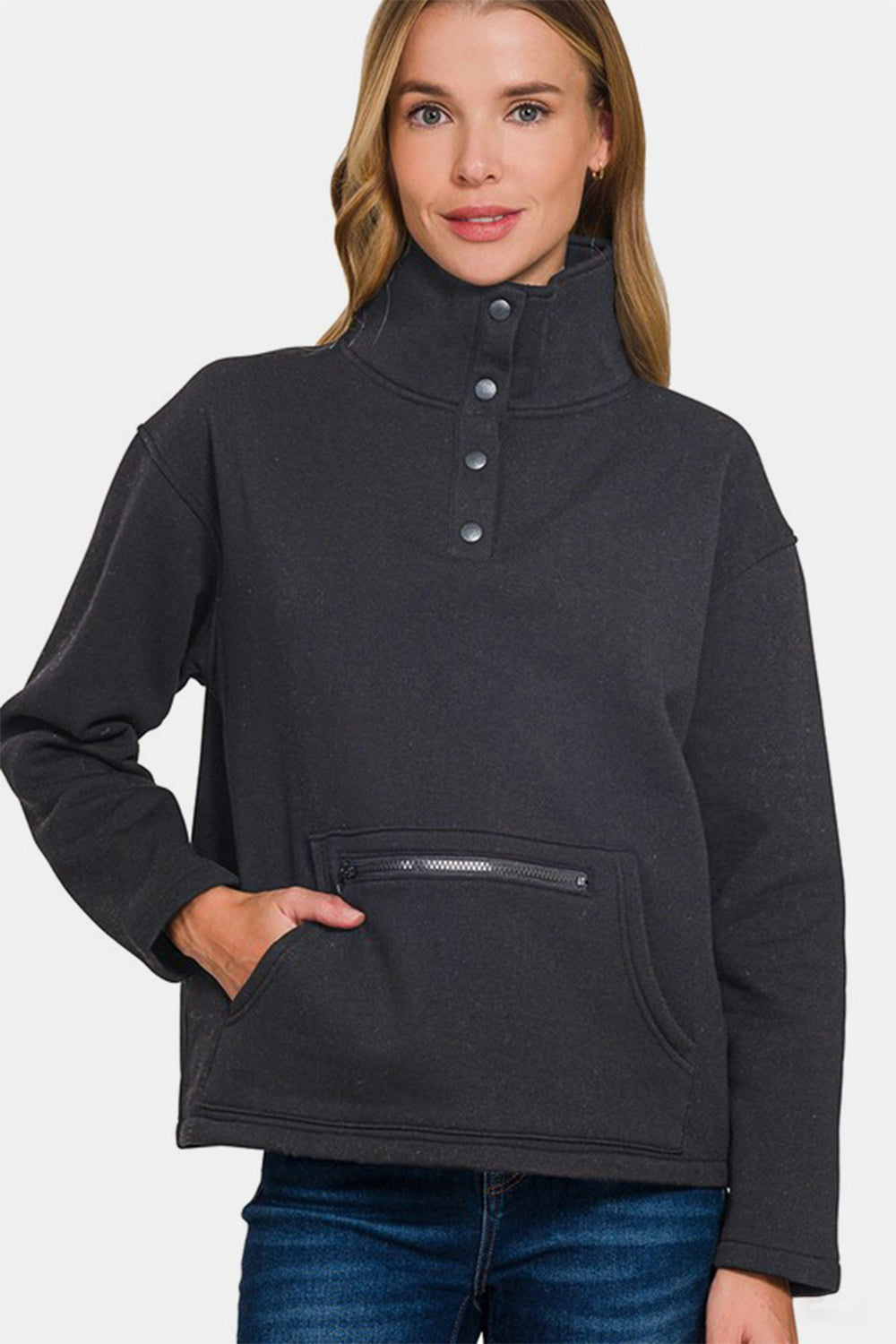 Zenana Turtleneck Half Snap Fleece Sweatshirt Black Apparel Apparel Ship from USA TikTok Trendsi Zenana Trendsi https://www.cyberehub.com