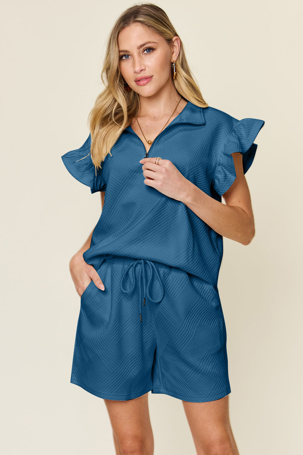 Double Take Full Size Texture Flounce Sleeve Top and Drawstring Shorts Set French Blue Apparel/Tops Double Take Ship from USA TikTok Tops Trendsi USPS Walmart Walmart Apparel Trendsi https://www.cyberehub.com