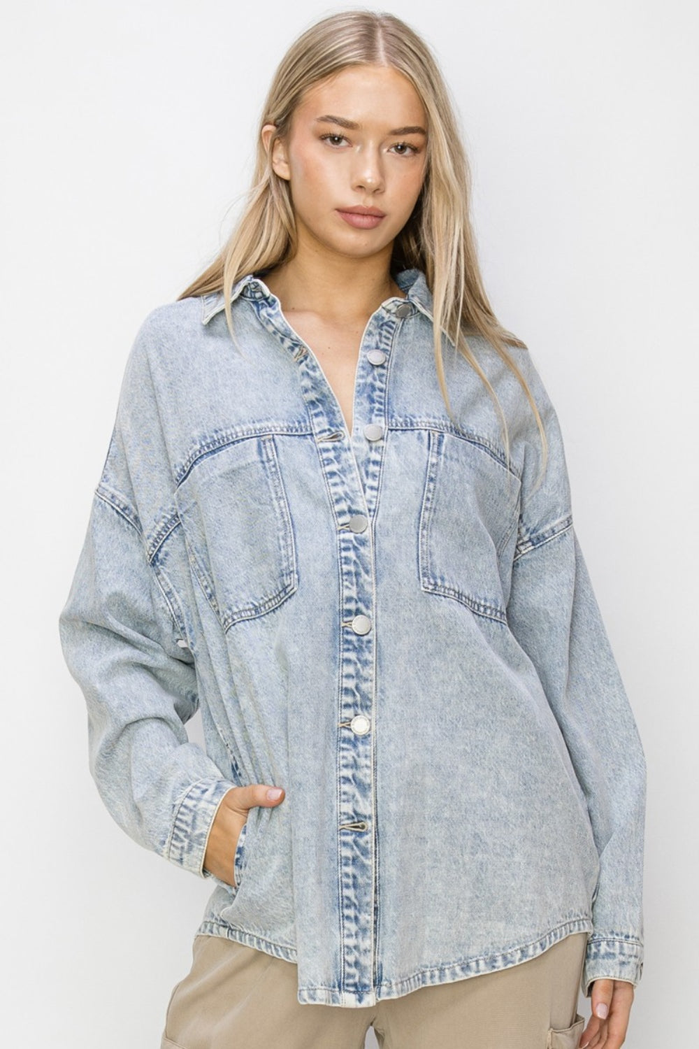 RISEN Button Up Long Sleeve Shacket Acid Light Shirt Apparel Clothing Tops RISEN Ship from USA Shirts USA Women Trendsi https://www.cyberehub.com