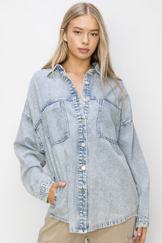 RISEN Button Up Long Sleeve Shacket Acid Light Shirt Apparel Clothing Tops RISEN Ship from USA Shirts USA Women Trendsi https://www.cyberehub.com
