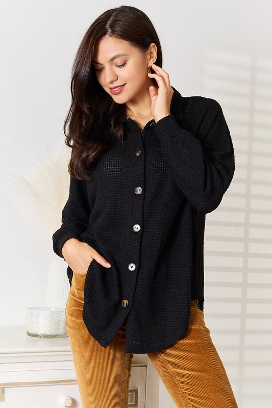 Double Take Waffle-Knit Collared Neck Dropped Shoulder Shirt Black Apparel/Tops Doorbusters Double Take Ship from USA TikTok Tops Trendsi USPS Walmart Walmart Apparel Trendsi https://www.cyberehub.com