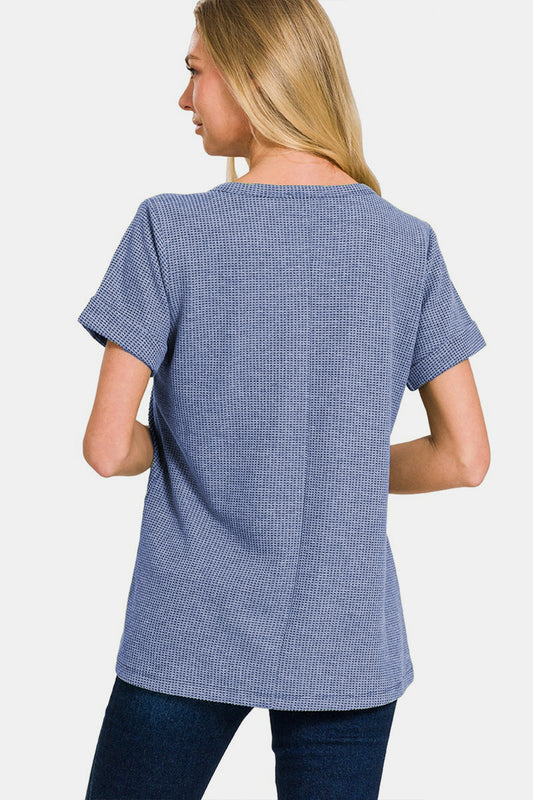 Zenana Notched Short Sleeve Waffle T-Shirt Apparel/Tops Ship from USA TikTok Tops Trendsi USPS Walmart Walmart Apparel Zenana Trendsi https://www.cyberehub.com
