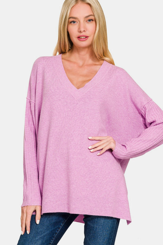 Zenana V-Neck Side Slit High-Low Sweater H Mauve Shirt Apparel Clothing Tops Ship from USA Shirts USA Women Zenana Trendsi https://www.cyberehub.com