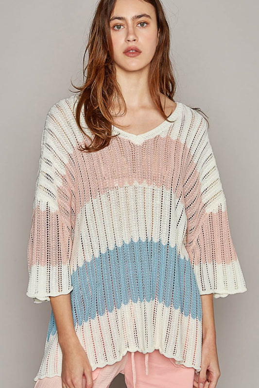 POL V-Neck Short Sleeve Stripe Weave Sweater Ivory Multi Shirt Apparel Clothing Tops POL Ship from USA Shirts USA Women Trendsi https://www.cyberehub.com