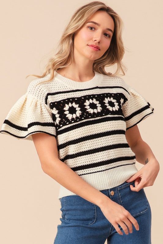 BiBi Granny Square Short Sleeve Striped Sweater Ivory Black Shirt Apparel BiBi Clothing Tops Ship from USA Shirts USA Women Trendsi https://www.cyberehub.com
