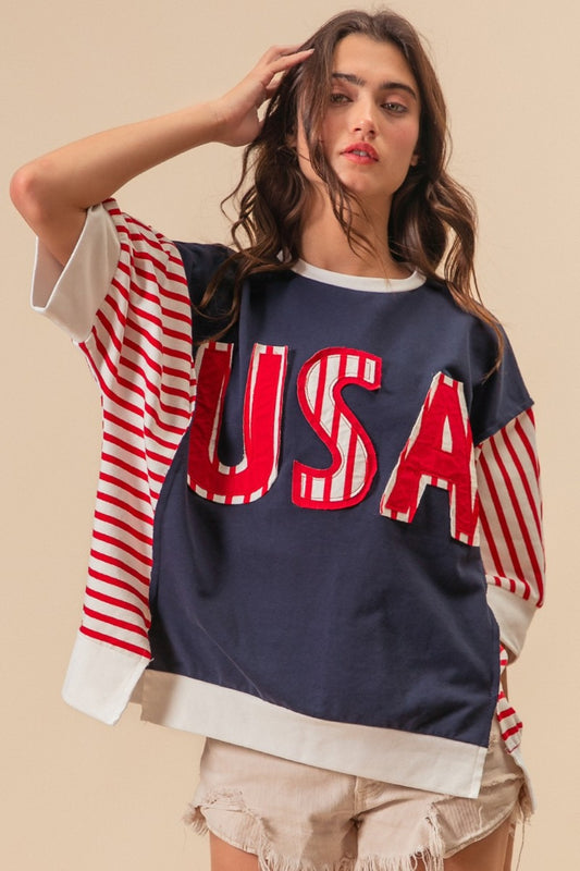 BiBi USA Letter Patchwork Contrast Short Sleeve T-Shirt Navy Red Coral Apparel/Tops BiBi Ship from USA TikTok Tops Trendsi USPS Walmart Walmart Apparel Trendsi https://www.cyberehub.com