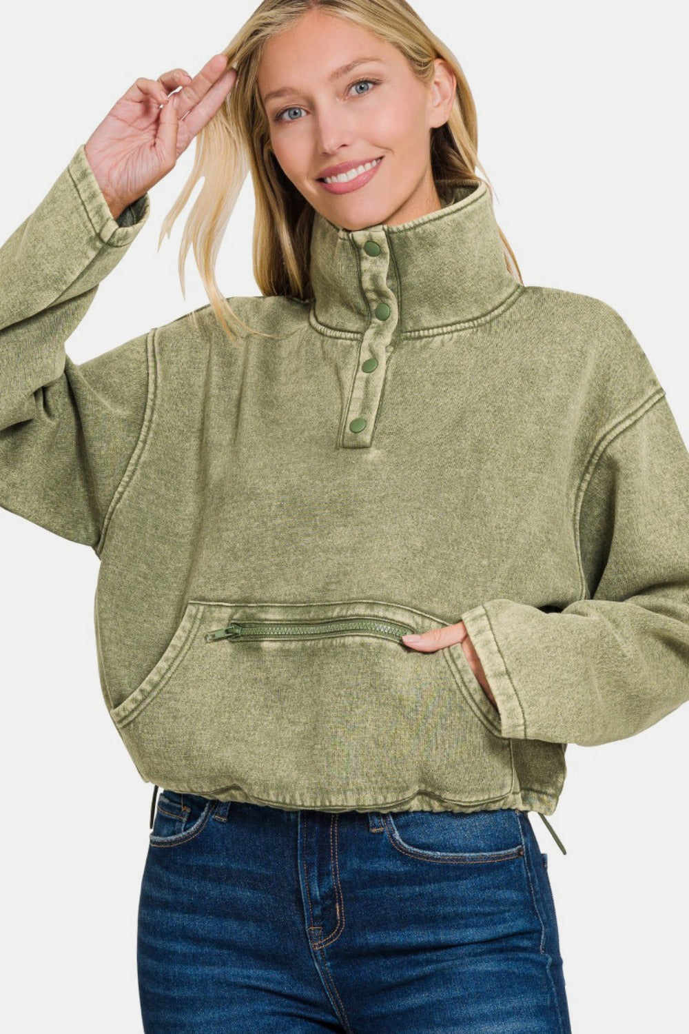 Zenana Acid Wash Fleece Half Snap Sweatshirt with Pocket LT Olive Tops/Jackets/Sweaters Clothing Tops Ship from USA TikTok Trendsi USPS Walmart Zenana Trendsi https://www.cyberehub.com