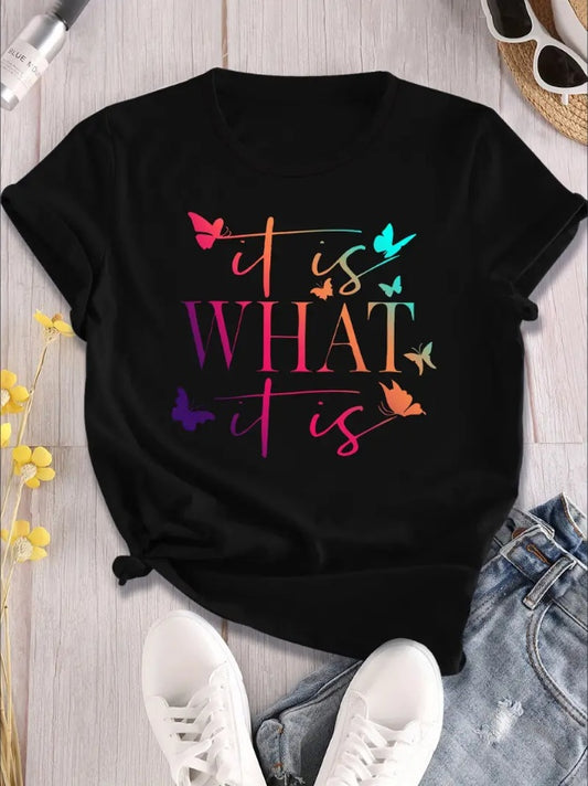 Alphabet Butterfly Gradient Print T-Shirt For Women - Casual, All-Season Knit Fabric, Short Sleeve, Round Neck, Regular Fit, H-Shape, Pullover Style, No Bra Pad Apparel/Shirt/Graphic Shirt SNULLO https://www.cyberehub.com