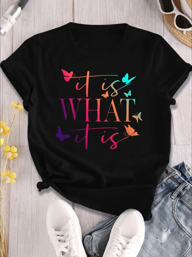Alphabet Butterfly Gradient Print T-Shirt For Women - Casual, All-Season Knit Fabric, Short Sleeve, Round Neck, Regular Fit, H-Shape, Pullover Style, No Bra Pad Black Apparel/Shirt/Graphic Shirt SNULLO https://www.cyberehub.com