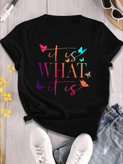 Alphabet Butterfly Gradient Print T-Shirt For Women - Casual, All-Season Knit Fabric, Short Sleeve, Round Neck, Regular Fit, H-Shape, Pullover Style, No Bra Pad Black Apparel/Shirt/Graphic Shirt SNULLO https://www.cyberehub.com