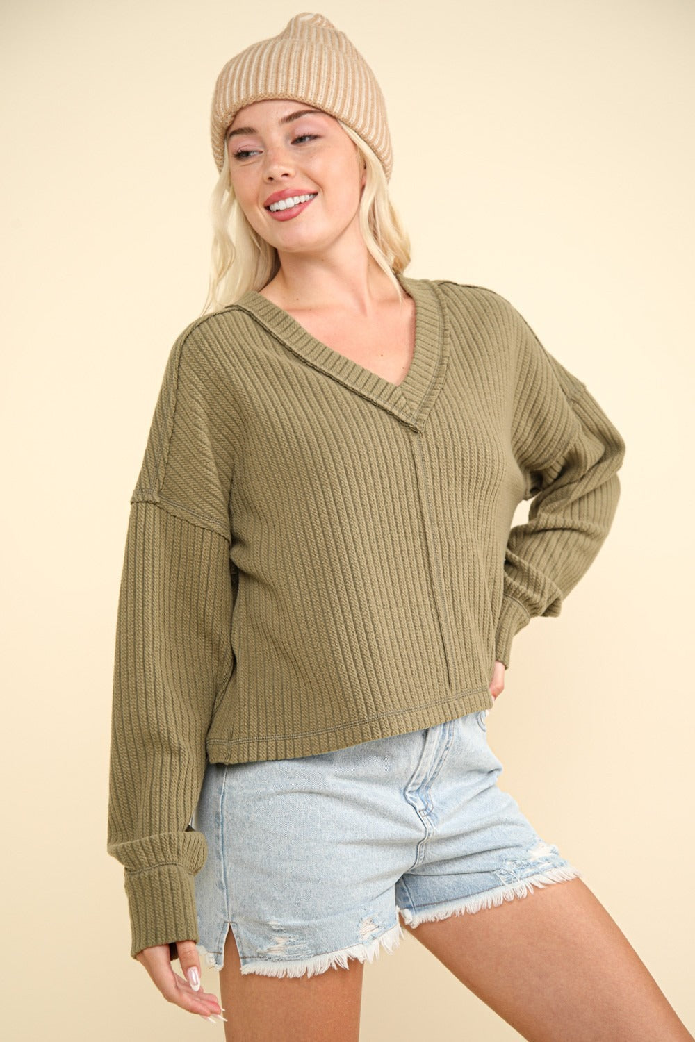 VERY J Exposed Seam V-Neck Ribbed Knit Top Olive Shirt Apparel Clothing Tops Ship from USA Shirts USA VERY J Women Trendsi https://www.cyberehub.com