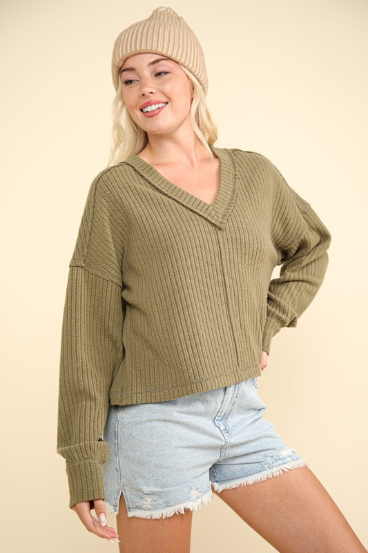 VERY J Exposed Seam V-Neck Ribbed Knit Top Olive Shirt Apparel Clothing Tops Ship from USA Shirts USA VERY J Women Trendsi https://www.cyberehub.com