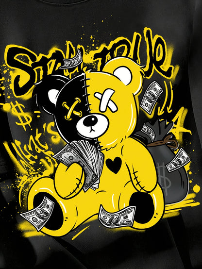 Splicing Bear And Letter Printed Casual T-shirt, Round Neck Loose Top With Dropped Shoulders, Suitable For Spring And Summer Apparel/Shirt/Graphic Shirt SNULLO https://www.cyberehub.com
