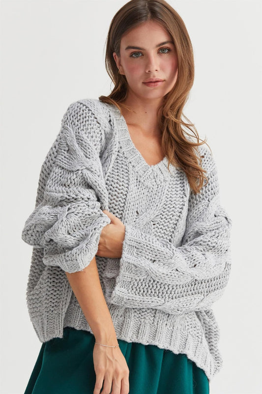 HYFVE Cable Knit V-Neck Sweater Gray Tops/Jackets/Sweaters Clothing Tops HYFVE Ship from USA TikTok Trendsi USPS Walmart Trendsi https://www.cyberehub.com