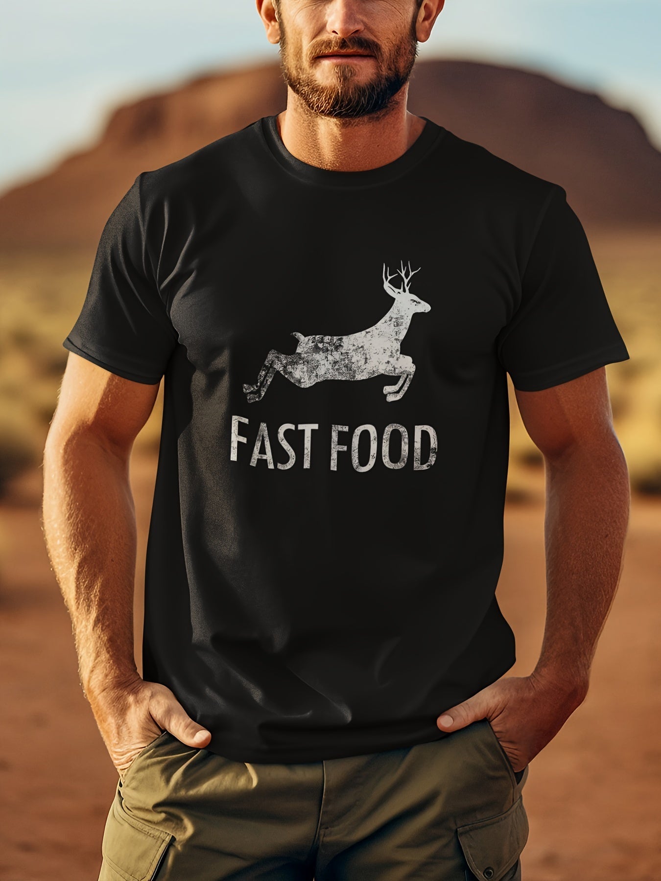 Interesting Joke Hunting Shirt - Men's Front Printed Short Sleeved T-shirt Top - Fast Food Deer - Gift For Hunters Black Apparel/Shirt/Graphic Shirt SNULLO https://www.cyberehub.com