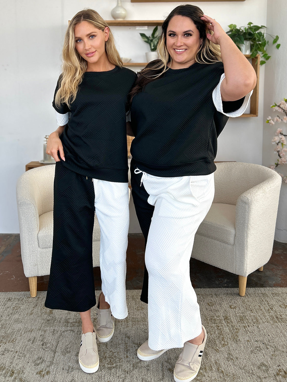 Double Take Full Size Texture Contrast T-Shirt and Wide Leg Pants Set Apparel/Tops Double Take Ship from USA TikTok Tops Trendsi USPS Walmart Walmart Apparel Trendsi https://www.cyberehub.com