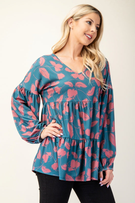 Celeste Full Size Tiered Floral V-Neck Long Sleeve Blouse Teal Apparel/Tops Celeste Ship from USA TikTok Tops Trendsi USPS Walmart Walmart Apparel Trendsi https://www.cyberehub.com
