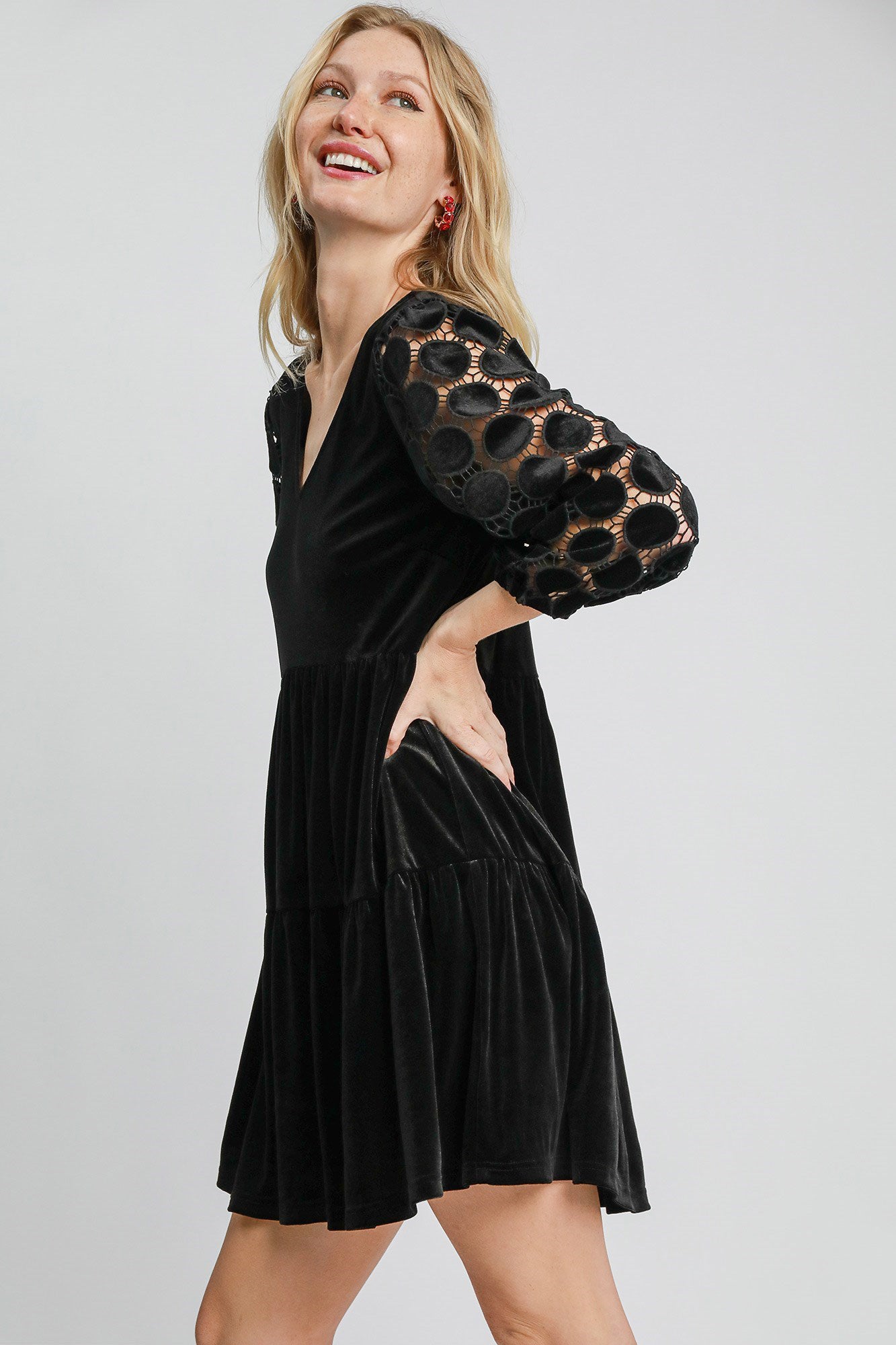 Umgee Dotted Lace Sleeve Tiered Velvet Mini Dress Apparel Apparel Ship from USA TikTok Trendsi Umgee USA Trendsi https://www.cyberehub.com