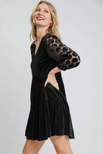 Umgee Dotted Lace Sleeve Tiered Velvet Mini Dress Apparel Apparel Ship from USA TikTok Trendsi Umgee USA Trendsi https://www.cyberehub.com