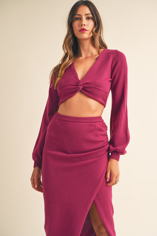 MABLE Front Twisted Knit Top and Midi Skirt Set Magenta Shirt Apparel Clothing Tops MABLE Ship from USA Shirts USA Women Trendsi https://www.cyberehub.com
