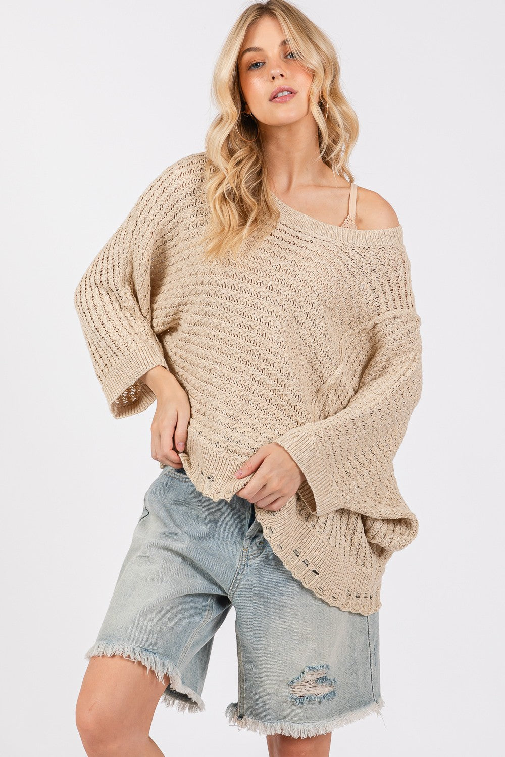 SAGE + FIG Distressed Asymmetrical Open Stitch Sweater Shirt Apparel Clothing Tops SAGE+FIG Ship from USA Shirts USA Women Trendsi https://www.cyberehub.com