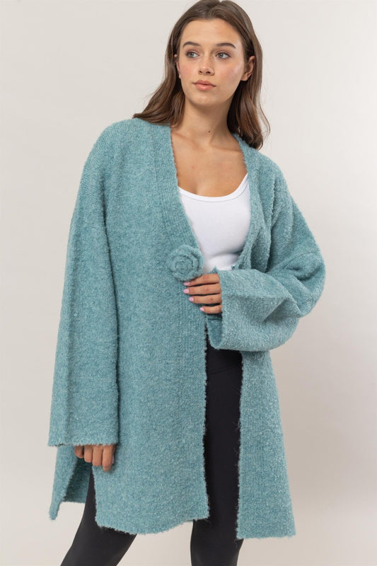 HYFVE Front Rosette Longline Slit Sweater Cardigan Ocean Blue Shirt Apparel Clothing Tops HYFVE Ship from USA Shirts USA Women Trendsi https://www.cyberehub.com