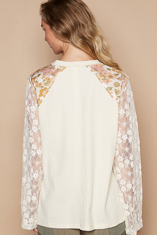 POL Flower Patch Lace Sleeve Knit Top Shirt Apparel Clothing Tops POL Ship from USA Shirts USA Women Trendsi https://www.cyberehub.com