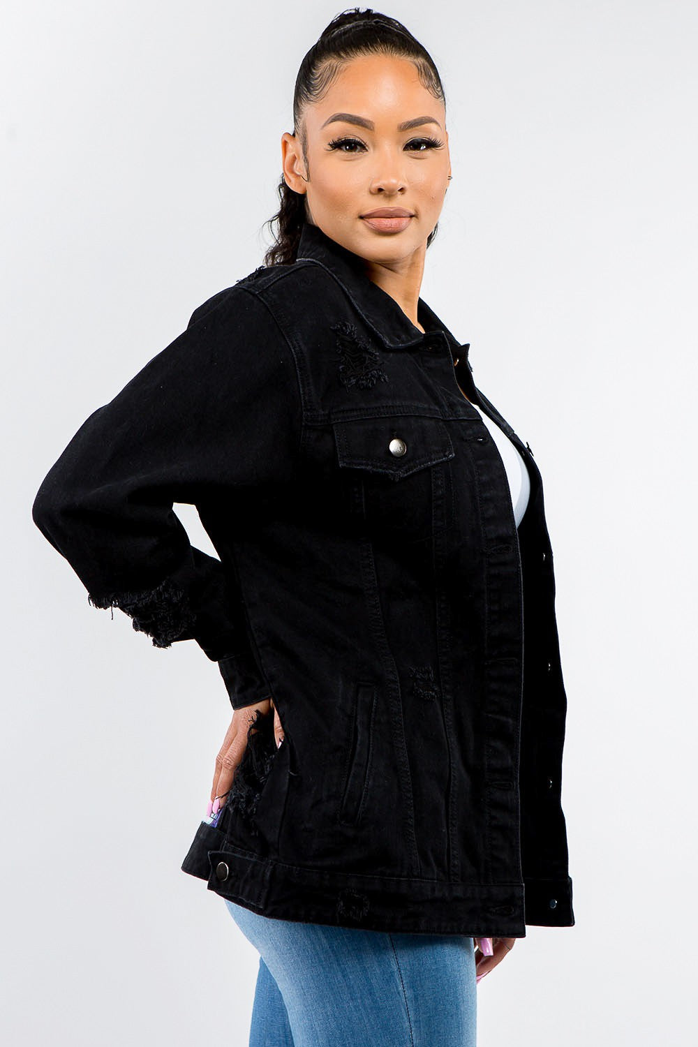 American Bazi Full Size Button Up Distressed Denim Jacket Tops/Jackets/Sweaters American Bazi Clothing Tops Ship from USA TikTok Trendsi USPS Walmart Trendsi https://www.cyberehub.com