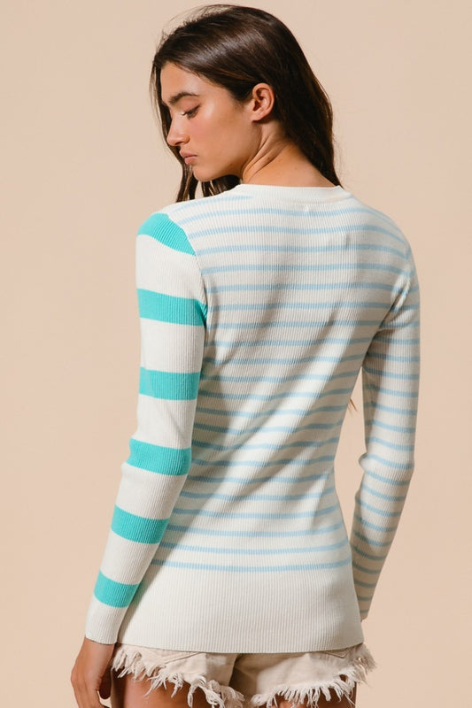 BiBi Contrast Striped Asymmetrical Hem Knit Top Shirt Apparel BiBi Clothing Tops Ship from USA Shirts USA Women Trendsi https://www.cyberehub.com