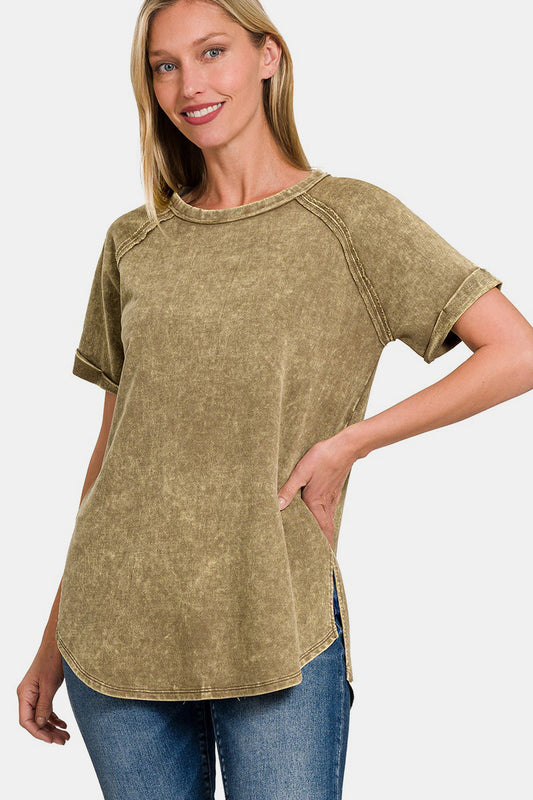 Zenana Heathered Round Neck Short Sleeve Top Mocha Apparel/Tops Ship from USA TikTok Tops Trendsi USPS Walmart Walmart Apparel Zenana Trendsi https://www.cyberehub.com