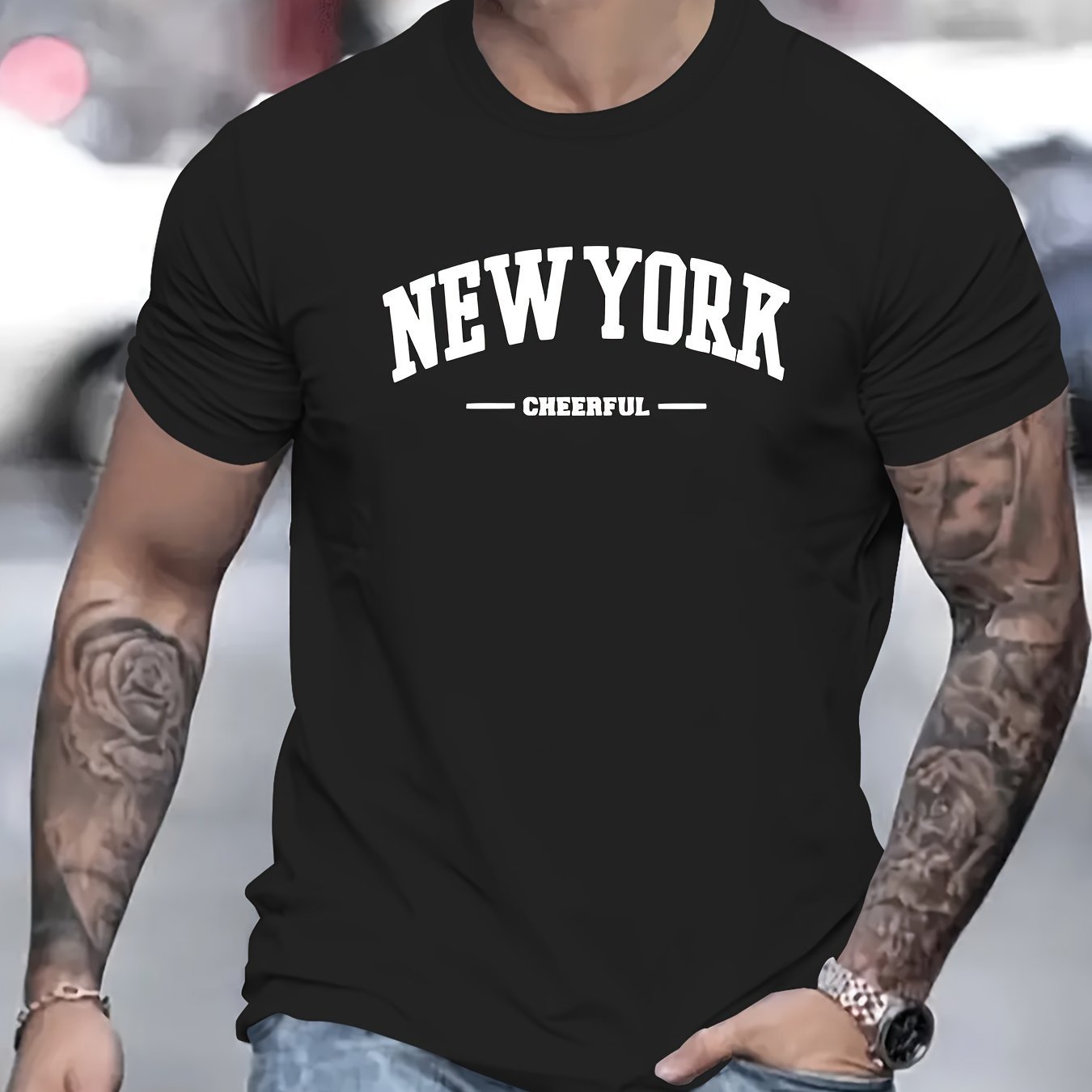 Men's New York Creative Printed Casual Novelty T-shirt, Short Sleeved Summer&spring Top, Comfortable Fit, Fashionable Street Casual Round Neck T-shirt, Suitable For Daily Wear Black Apparel/Shirt/Graphic Shirt SNULLO https://www.cyberehub.com