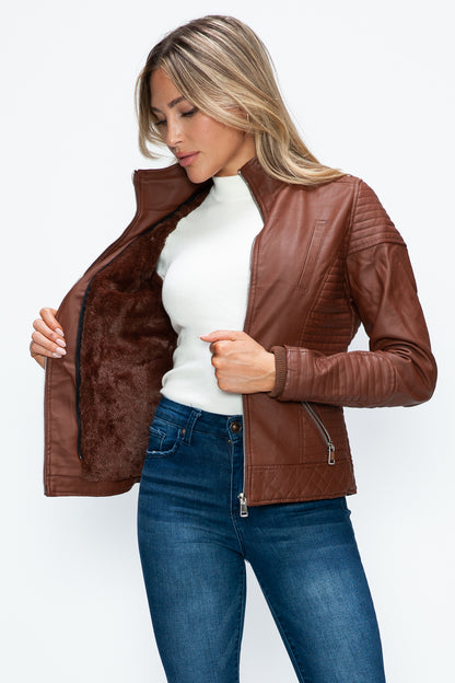 YMI Faux Layered Double-Zipper Jacket with Fuzzy Hood Tops/Jackets/Sweaters Clothing Tops Ship from USA TikTok Trendsi USPS Walmart YMI outerwear Trendsi https://www.cyberehub.com